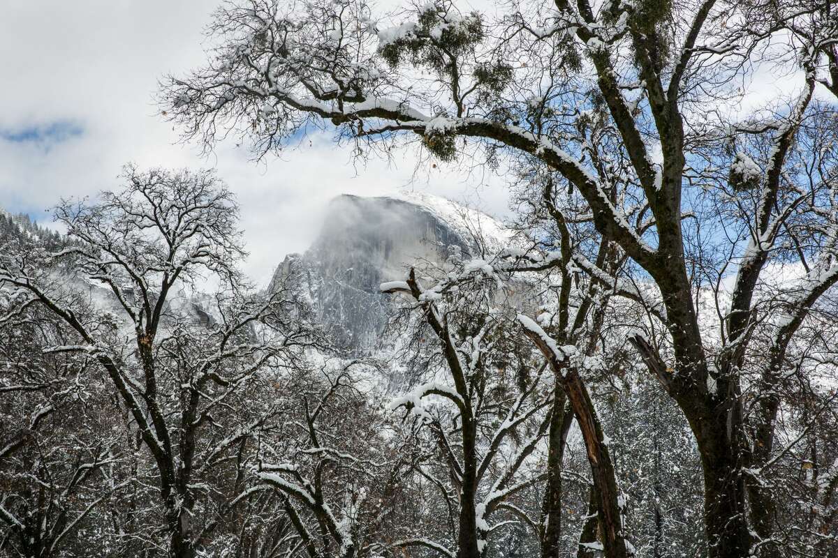 A major Pacific storm dumps a foot of in snow in Yosemite Valley (4,000 feet above sea leval) and 8-10 feet of powder in the higher elevations of the Park and along the Sierra Nevada crest as viewed on December 16, 2021, in Yosemite National Park, California. 