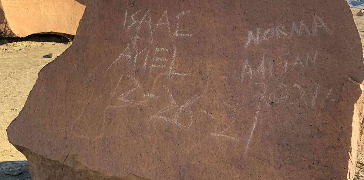 The ancient rock art seen here was vandalized in Big Bend. Thanks a lot, Isaac and Norma. 