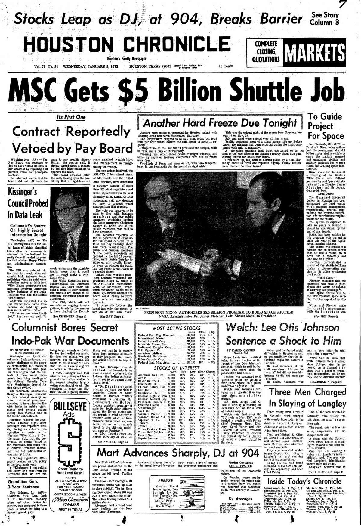 Houston Chronicle front page from Jan. 5, 1972.