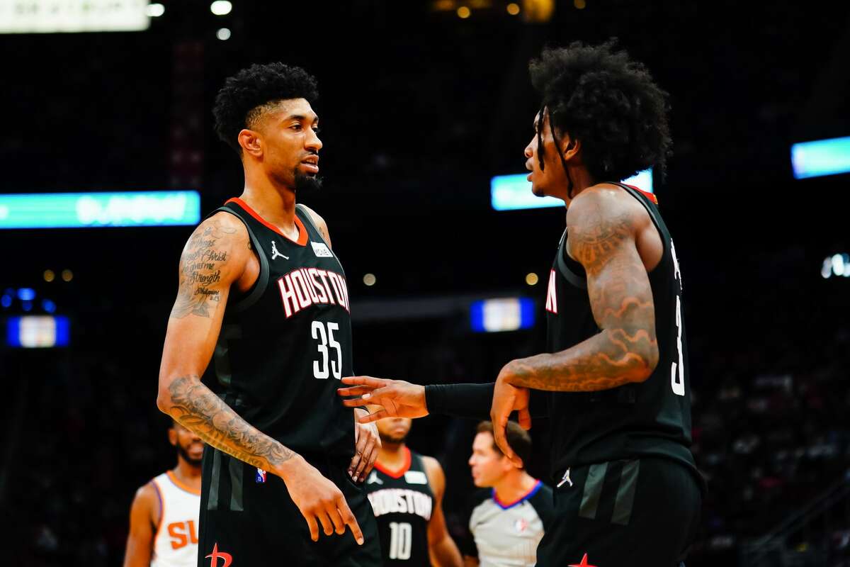 Christian Wood (left) and Kevin Porter Jr. are slated to be back for the Rockets on Wednesday in Washington after serving one-game suspensions Monday for their actions during a loss Saturday.