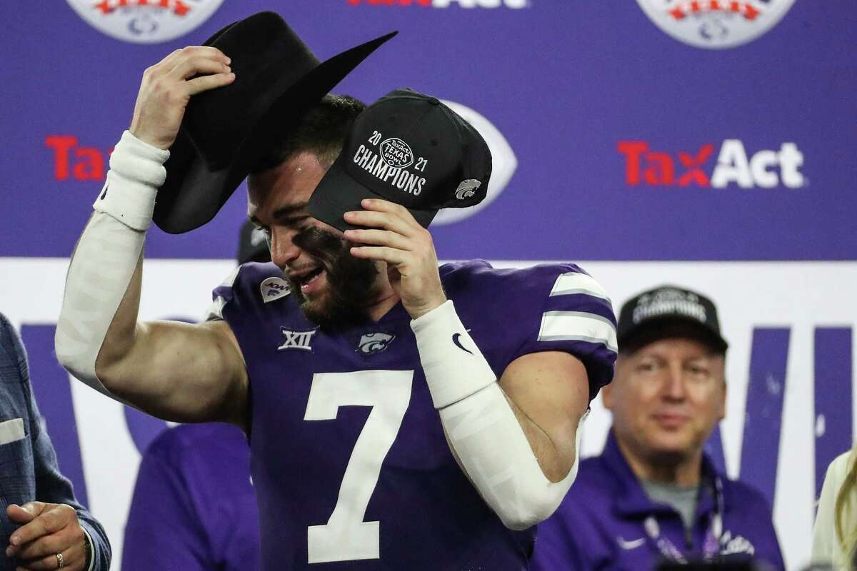 Kansas State quarterback Skylar Thompson dons the MVP cowboy hat after he lead the Wildcats to a 42-20 win over LSU in the TaxAct Texas Bowl Tuesday, Jan. 4, 2022, in Houston.