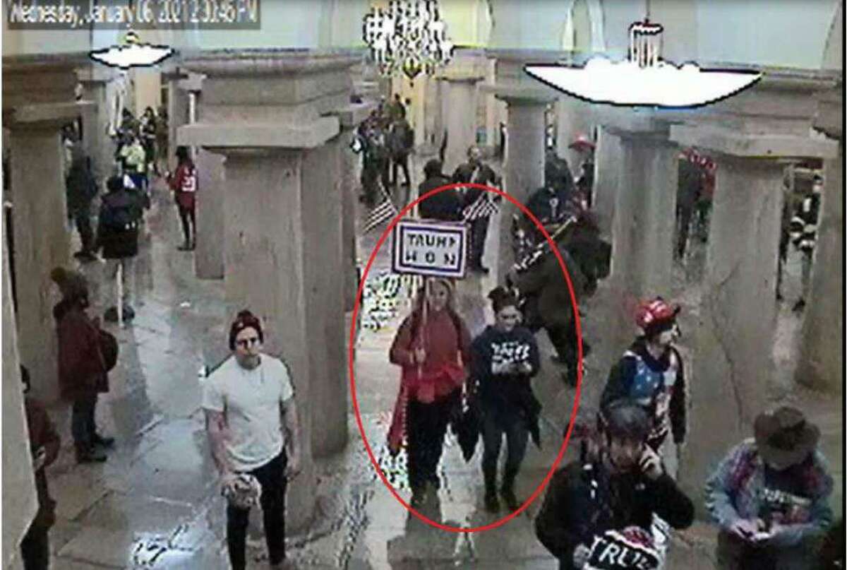 Surveillance footage attached to a statement of facts in connection with the arrest of Jean Lavin, 56, and her daughter, 19-year-old Carla Krzywicki, in connection with the Jan. 6 riot at the U.S. Capitol.