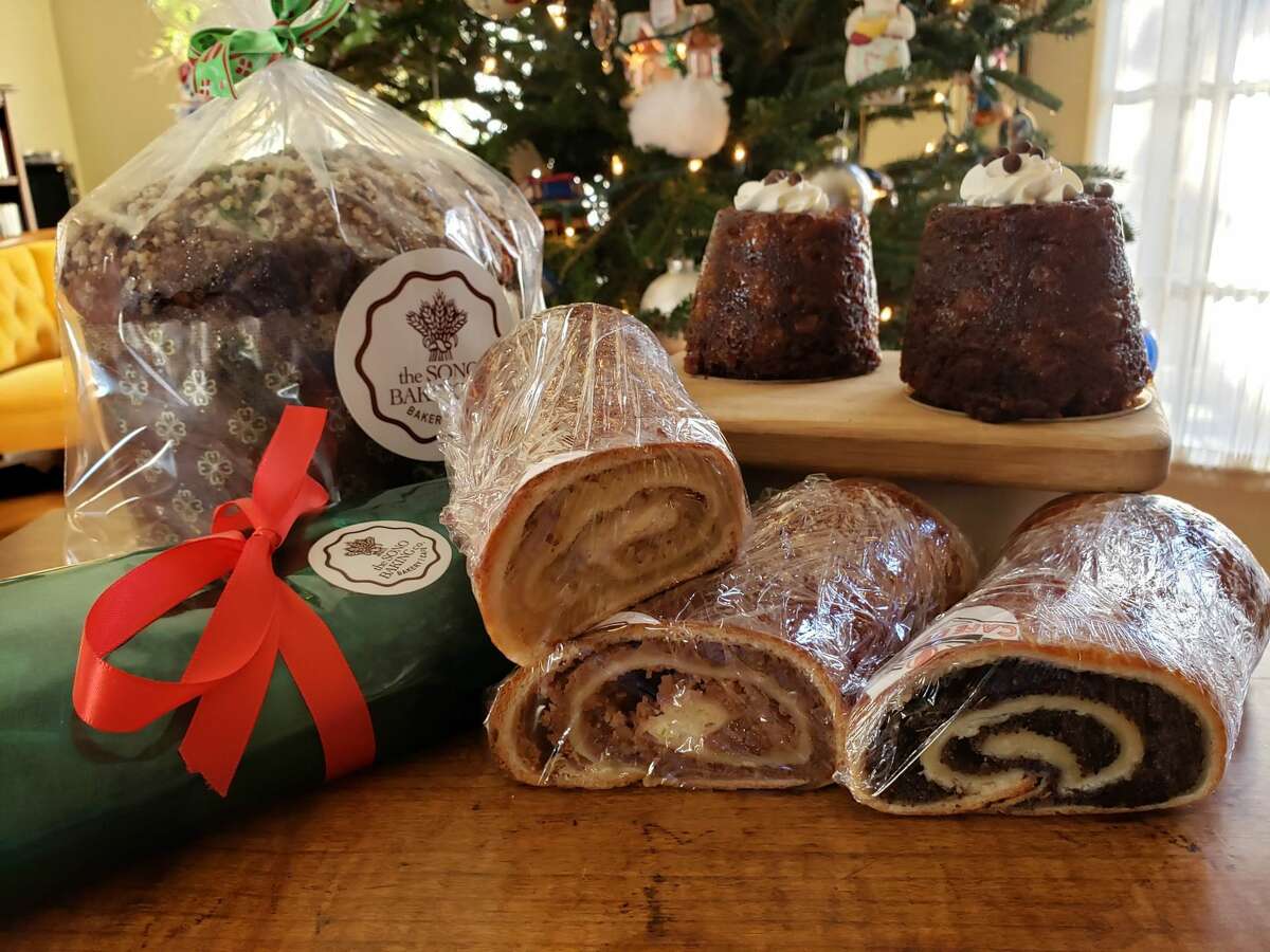 Locally baked German-style stollen, a light and fragrant Italian panettone and steamed old-school persimmon pudding from SoNo Baking in Norwalk along with three traditional Hungarian beigli from Cafe Dolce in Norwalk.
