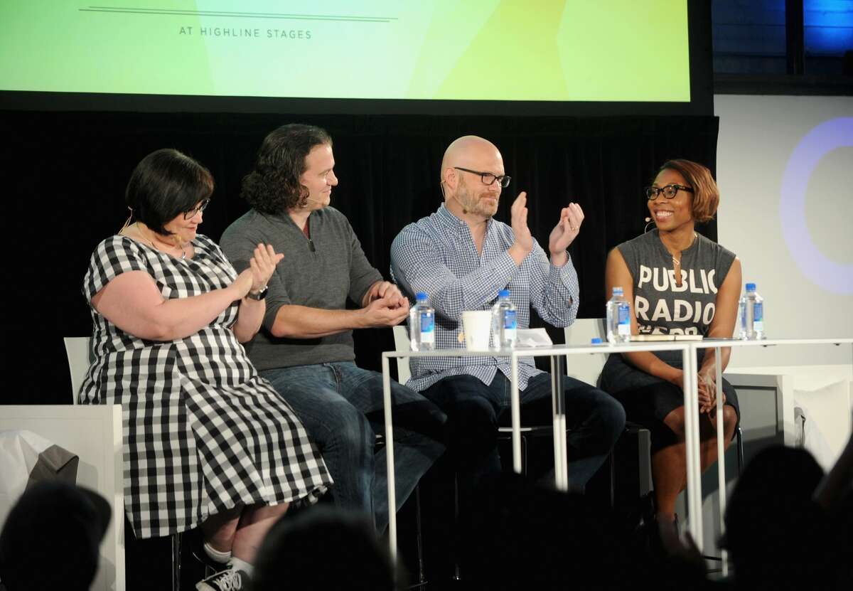 NEW YORK, NY - MAY 22: (L-R) Linda Holmes, Stephen Thompson, Glen Weldon, and Audie Cornish speak onstage during NPR's Pop Culture Happy Hour podcast in the Vulture Festival Casper Podcast Lounge at Highline Stages on May 22, 2016 in New York City. (Photo by Brad Barket/Getty Images for Vulture Festival)