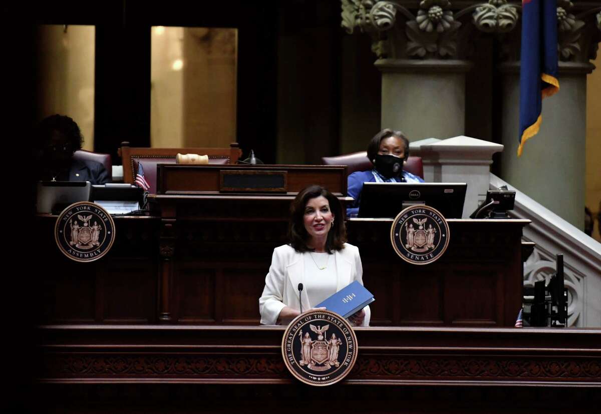 Gov. Kathy Hochul, in her first State of the State address on Wednesday, Jan. 5, 2022, at the Capitol in Albany, N.Y., called for a historic $10 billion investment in the health care workforce and services. Behavioral Health Advocates is hoping the funds will meet the needs of its member organizations.