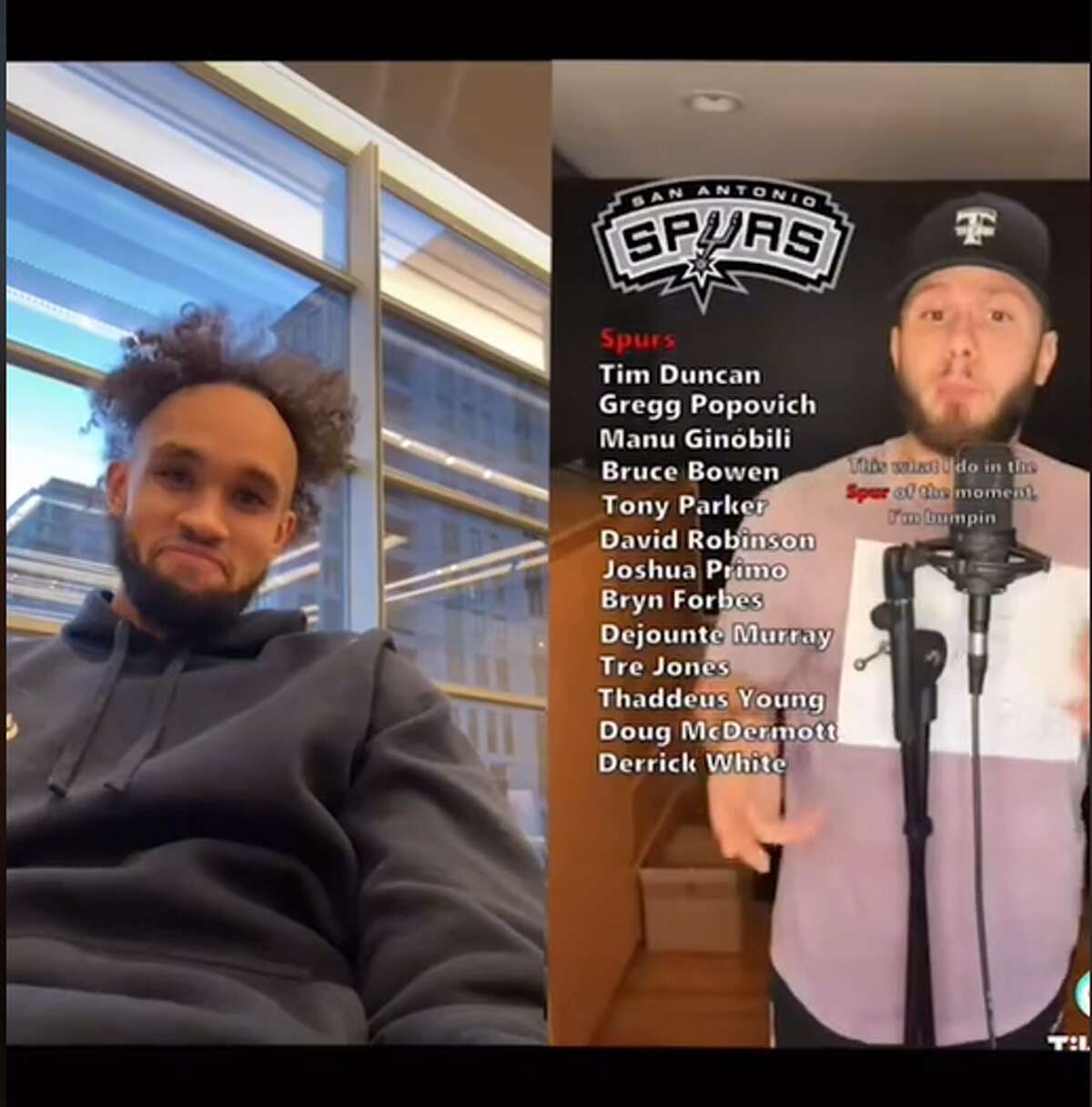 San Antonio Spurs guard Derrick White reacts to TikTok user @iam_thorb's freestyle rap about the team on the video-sharing platform on Tuesday.