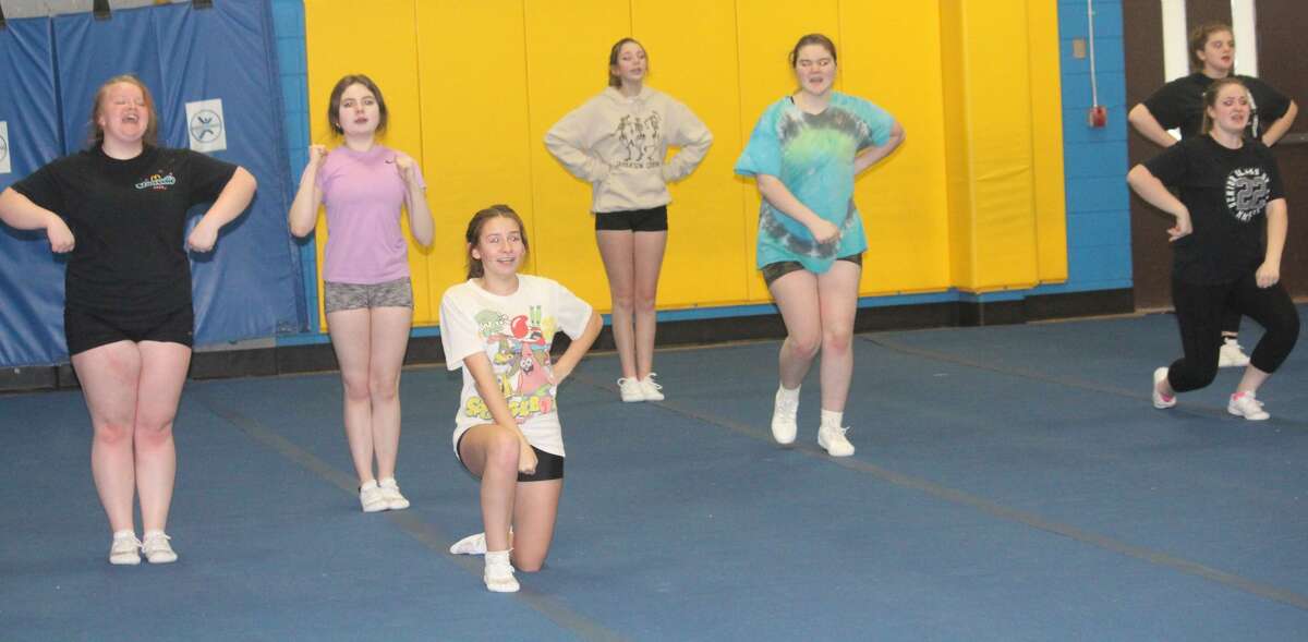Evart cheerleaders conduct a practice on Monday in the elementary school.