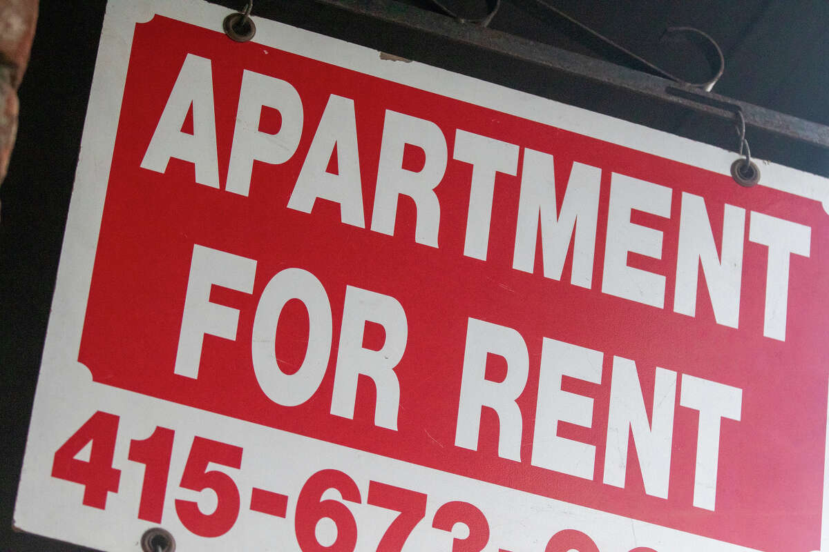 A for rent sign hangs outside an apartment building in San Francisco on Jan. 4, 2022.