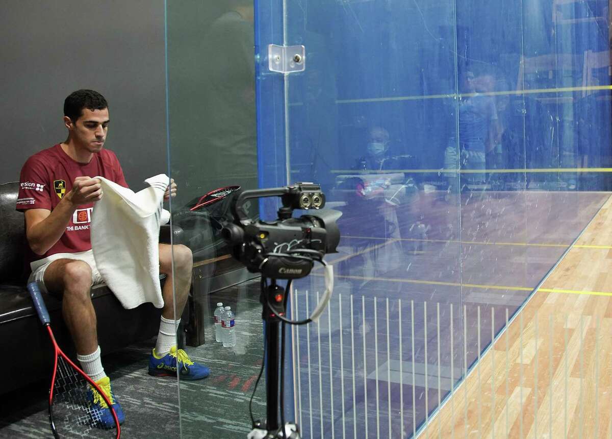 2020/2021 World Champion squash player Ali Farag of Egypt, prepares to takes on Raphael Kandra of Germany in day 2 of the Houston Open, a Professional Squash Association tournament, at the Houston Squash Club on Wednesday, Jan. 5, 2022. Faraq won the match in three sets. The tournament has a $110k purse, one of the largest prize money tournaments in the U.S.