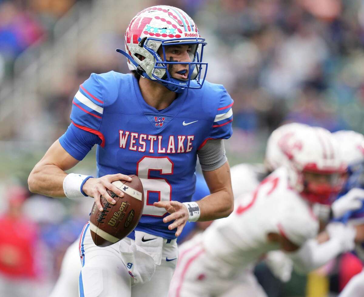 Austin Westlake’s senior quarterback Cade Klubnik (6) looks for a receiver against Katy during the Class 6A Division II state semifinal at Baylor University’s McLane Stadium in Waco on Saturday, Dec. 11, 2021.