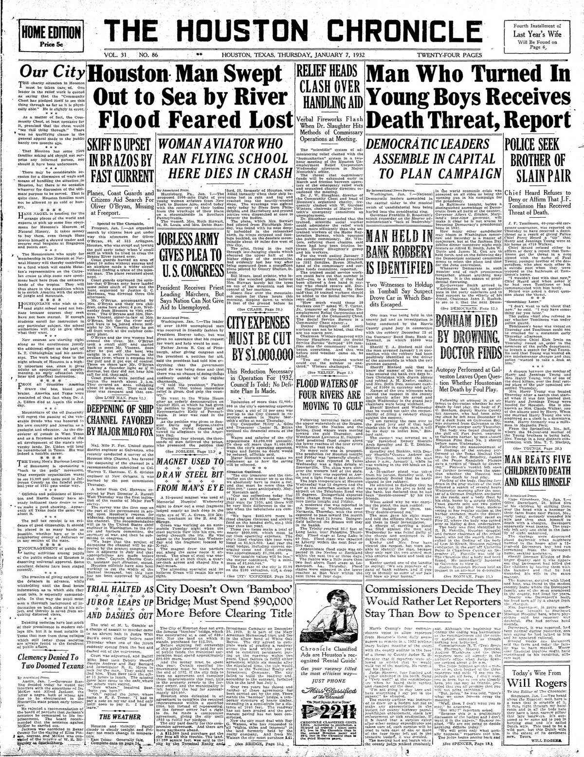 Houston Chronicle front page for Jan. 7, 1932.