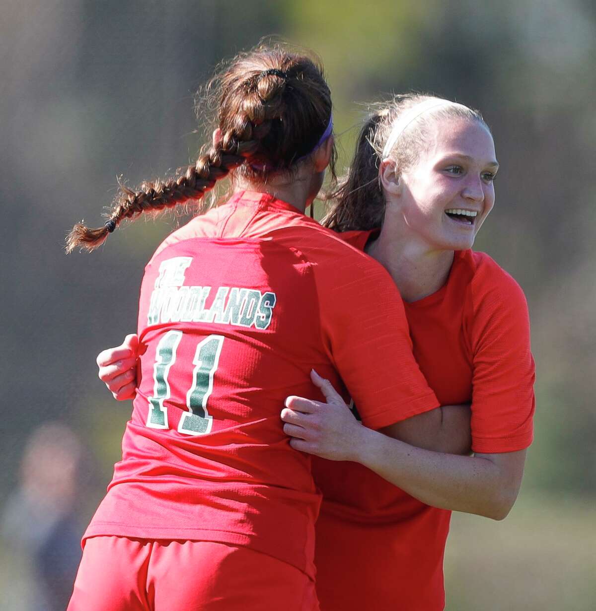The Woodlands midfielder Caroline White (10) reacts after scoring a goal during the Highlander Invitational soccer tournament, Thursday, Jan. 6, 2022, in The Woodlands.