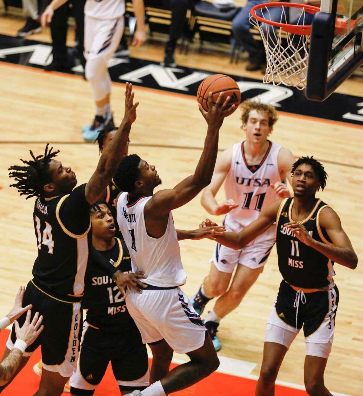 UTSA Roadrunners guard Darius McNeill (1) goes up for a shot during the first half against the Southern Miss Golden Eagles at the Convocation Center in San Antonio, Texas, Thursday, Jan. 6, 2022. The Roadrunners fell 74-73 to the Golden Eagles.
