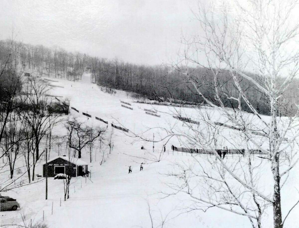 A photograph take in 1955 shows the Mad Hatter Ski Slope at Tarrywile Park in Danbury, Conn.