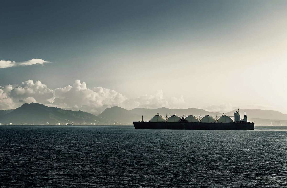 A liquified natural gas LNG carrier ship with five tanks.