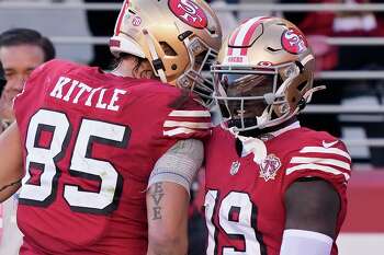 San Francisco 49ers tight end George Kittle (85) reacts after an NFL  football game against the Denver Broncos, Saturday, Aug 19, 2023, in Santa  Clara, Calif. (AP Photo/Scot Tucker Stock Photo - Alamy