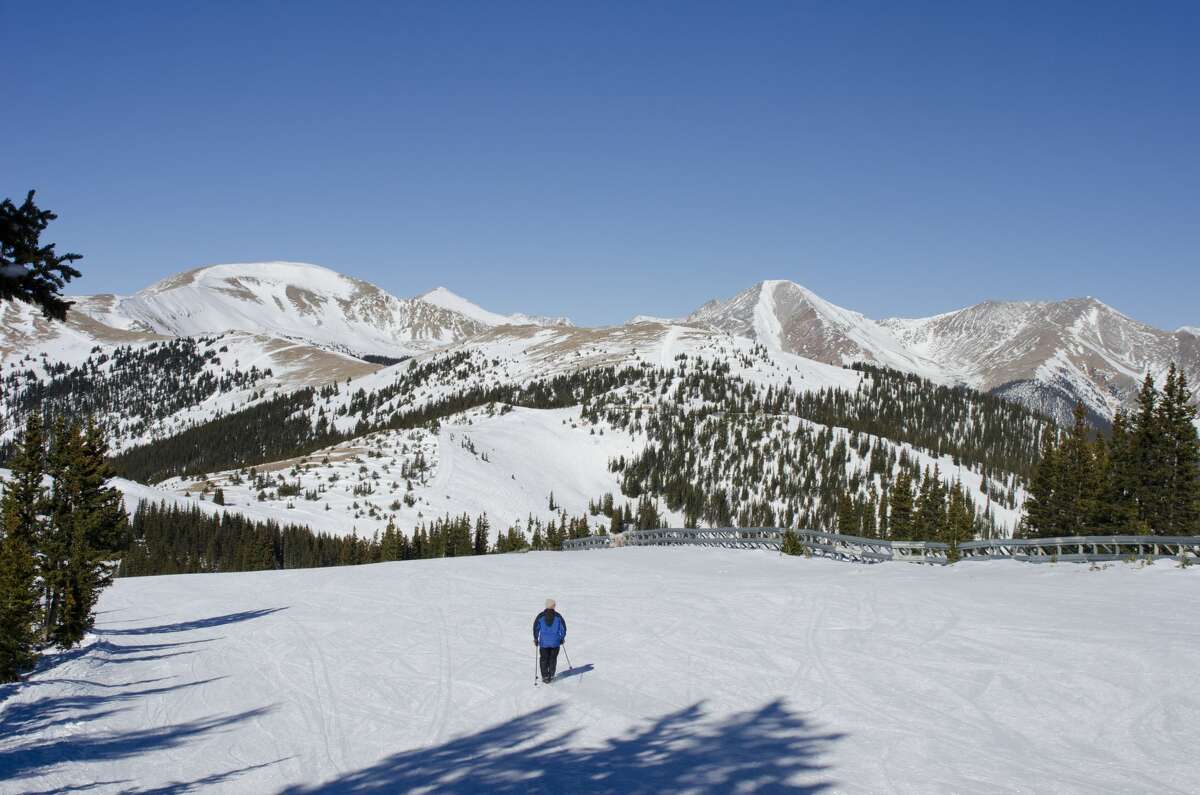A lone skier enjoys an empty ski run on top of Monarch Mountain.