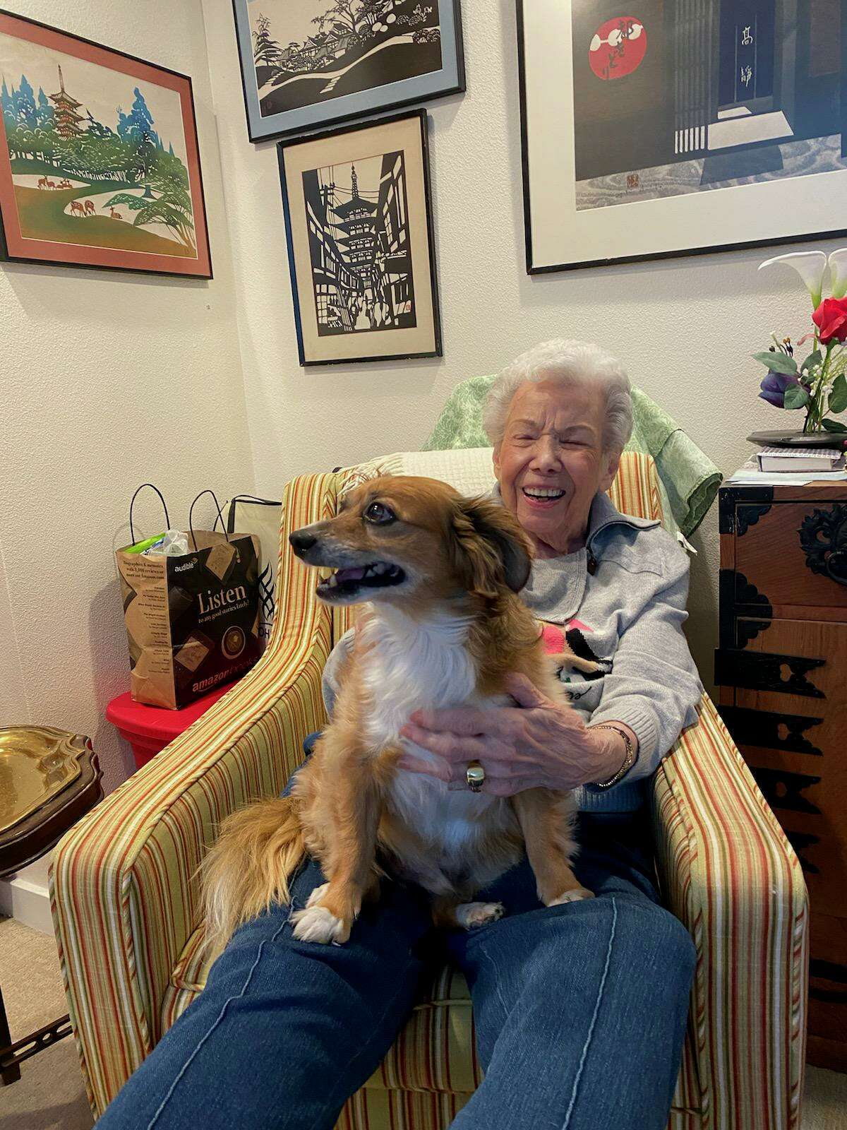 Jean Cherni with her daughter Marianne’s dog Charlie Bean on Dec. 25, 2021.