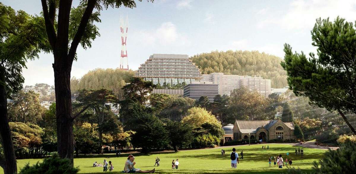 A rendering of the new hospital that UCSF seeks to build at its Parnassus Heights campus. This perspective is from Hippie Hill in Golden Gate Park. The design is by Herzog & de Meuron, the architects of the de Young Museum nearby.