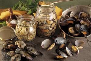 Jars of mussels with seafood
