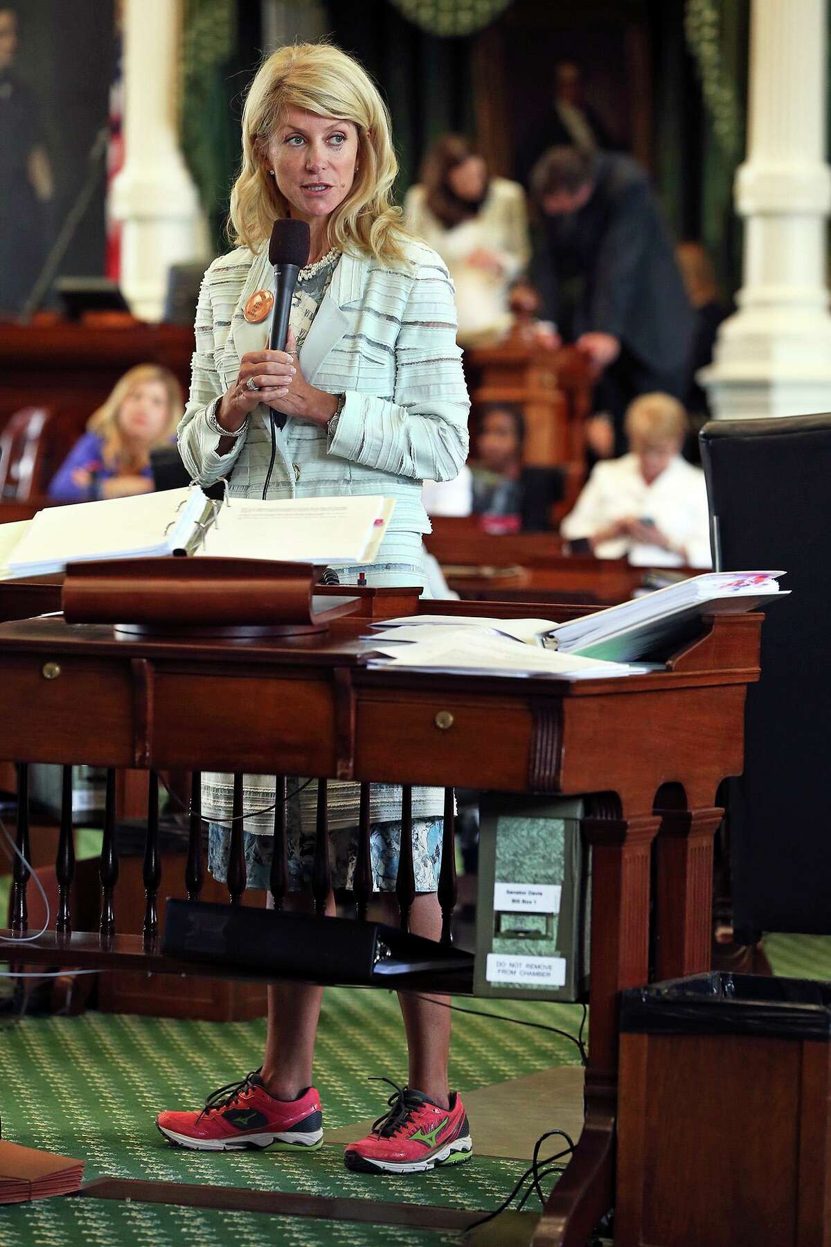 Fort Worth Senator Wendy Davis filibusters in an effort to cause abortion legislation to die without a vote on the floor of the Senate Tuesday, June 25, 2013.