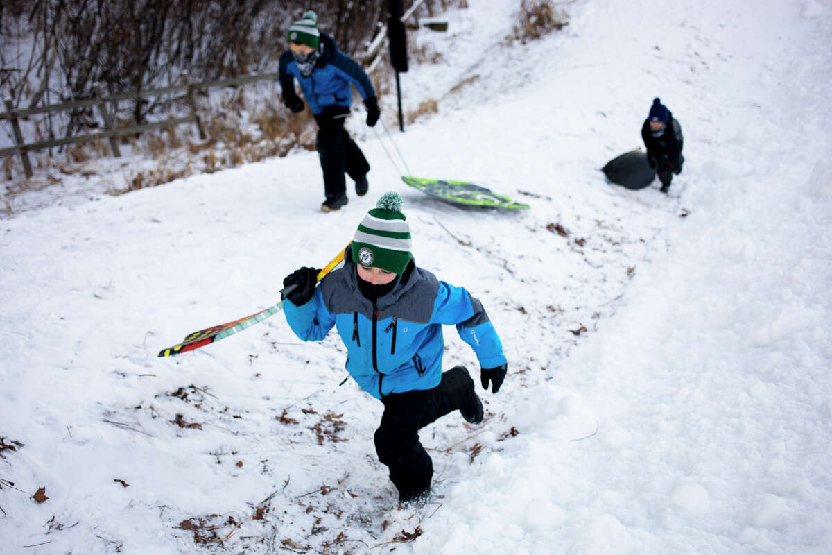 People speed down the sledding hill at Midland's City Forest Friday, Jan. 7, 2021.