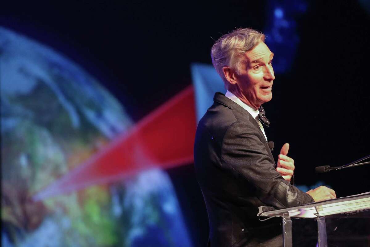 Bill Nye talks during his keynote presentation at SpaceCom Thursday, Nov. 21, 2019, in Houston.