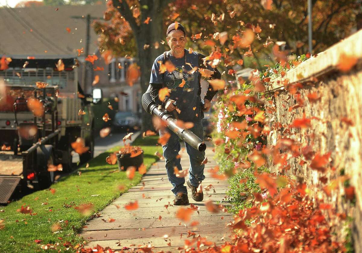 Jeff Violette, of Migliarese Landscaping in Westport, uses a blower to clear leaves from a sidewalk in front of a home on Harbor Road in the Southport section of Fairfield on Nov. 2, 2016.
