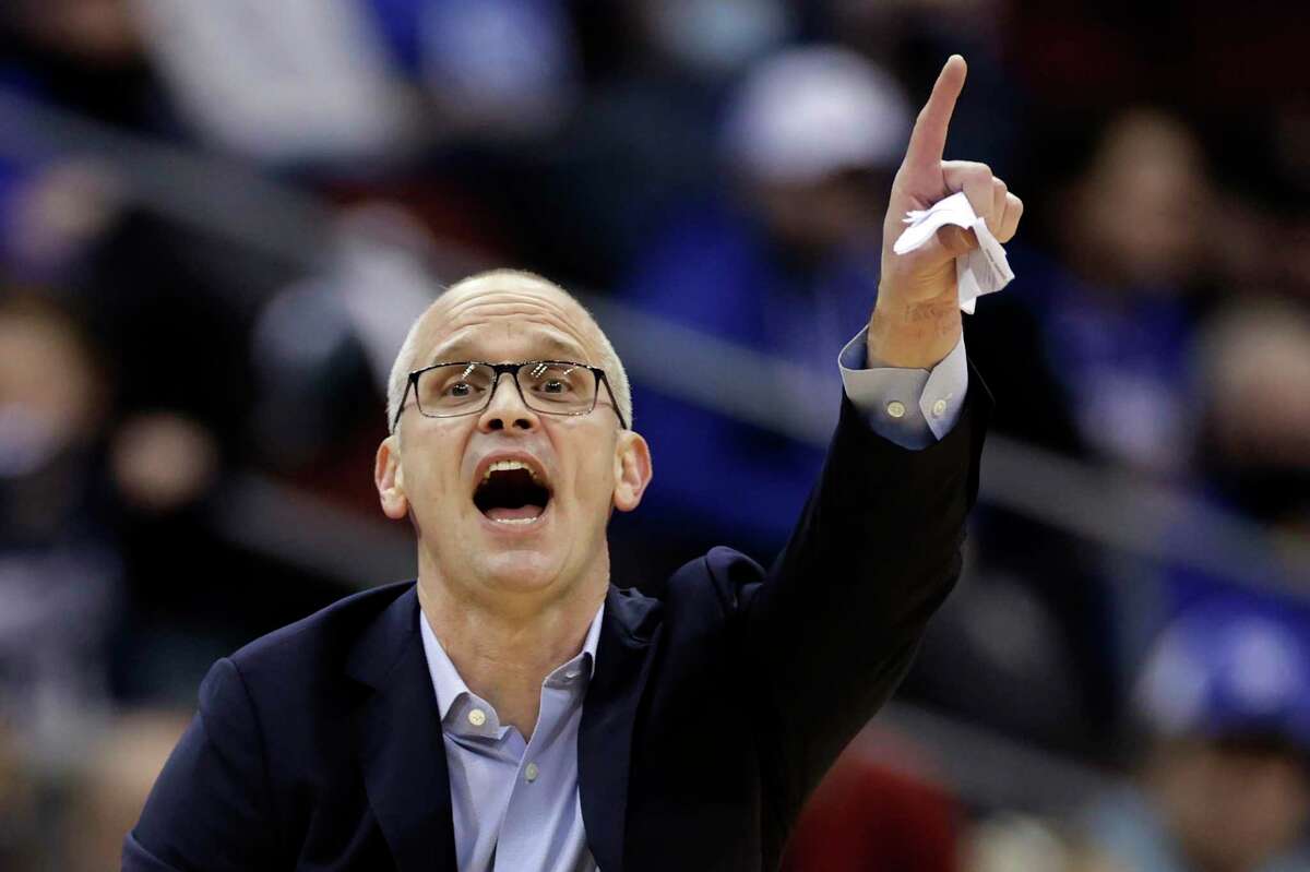 UConn coach Dan Hurley directs his team against Seton Hall during the first half Saturday in Newark, N.J.
