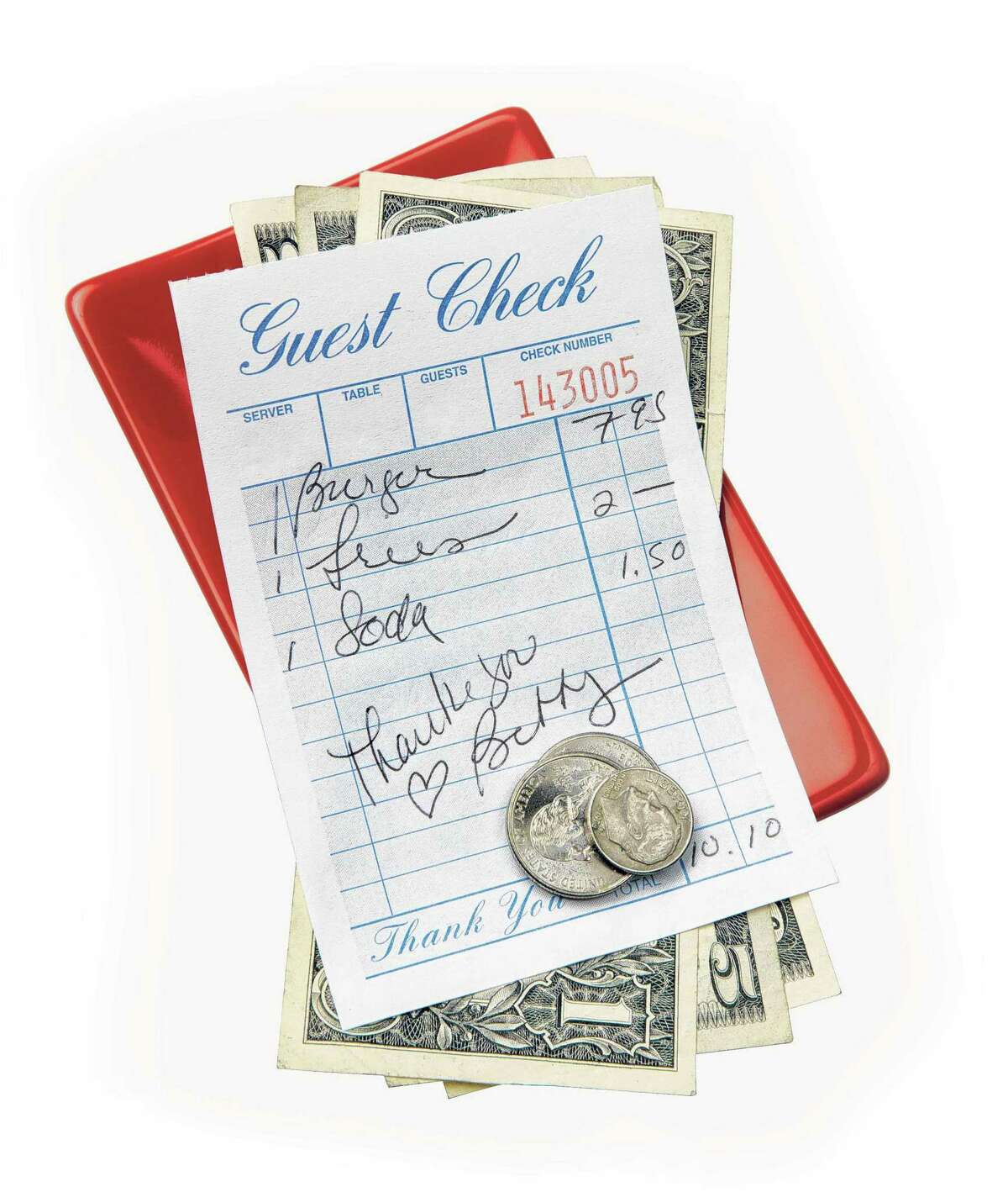 Restaurant bill, dollars and change shot on red tray