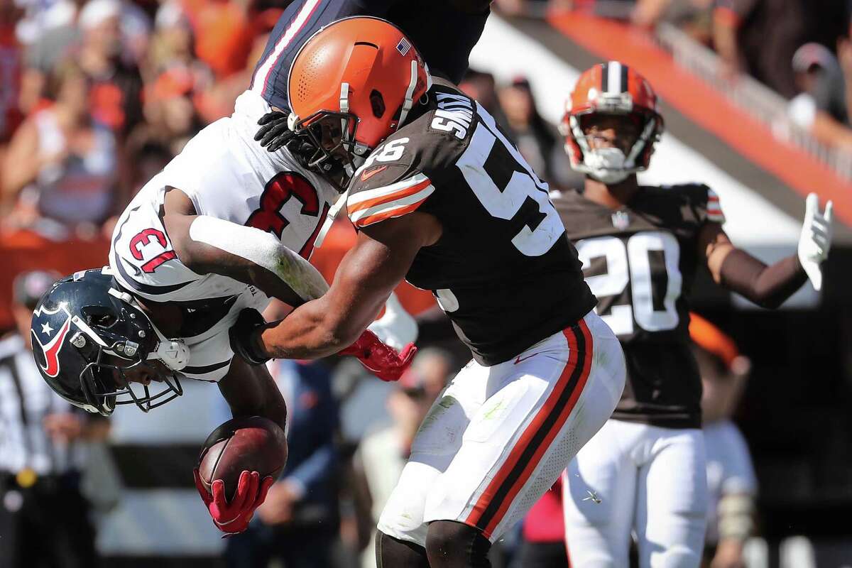 Catch No. 12, 191 total receiving yards: Davis Mills is under center in the Dawg Pound. The rookie is staring at a Browns blitz from the 2-yard line. He’s snapping, turning, dealing an inside slant to Cooks. Mills has his first career touchdown pass.