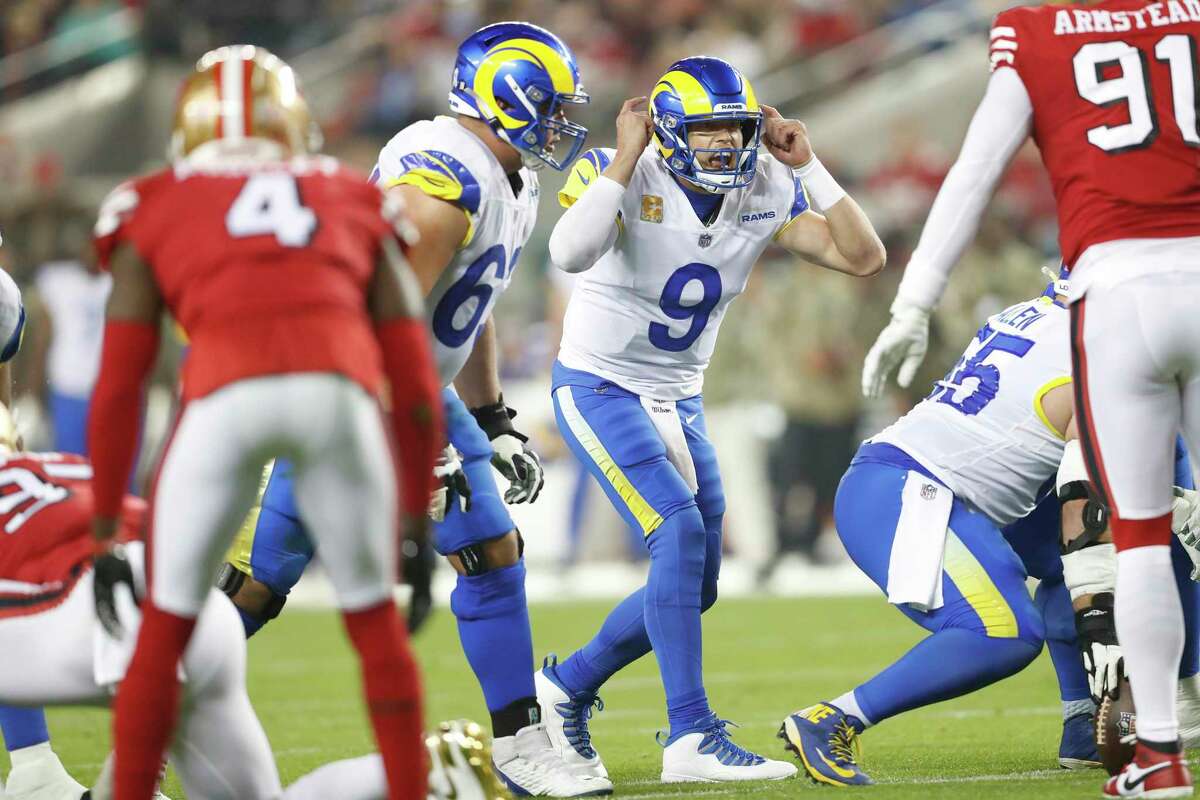 Los Angeles Rams' Matthew Stafford shouts instructions in 2nd quarter of San Francisco 49ers' 31-10 win during NFL game at Levi's Stadium in Santa Clara, Calif., on Monday, November 15, 2021.