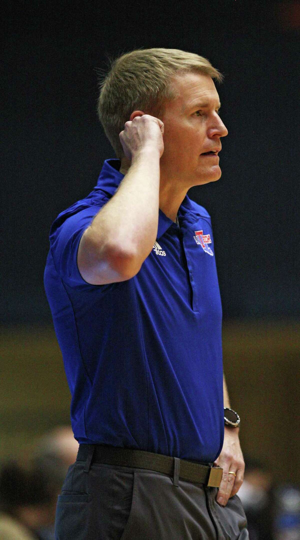 Louisiana Tech head coach Eric Konkol watches on from the sideline during the Conference USA basketball game against UTSA Saturday, Jan. 8, 2022, at the UTSA Convocation Center in San Antonio, Texas.