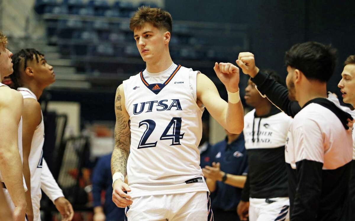 UTSA center Jacob Germany (24) is introduced prior to the Conference USA basketball game against Louisiana Tech Saturday, Jan. 8, 2022, at the UTSA Convocation Center in San Antonio, Texas.