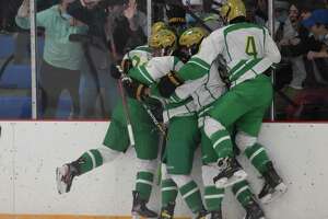 Members of the Notre Dame-West Haven boys hockey team celebrate a second-period goal against Fairfield Prep on Saturday.