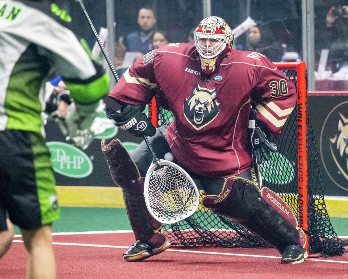 Albany FireWolves goalie Doug Jamieson makes a save during a National Lacrosse League game against the Saskatchewan Rush at the MVP Arena in Albany, NY, on Saturday, Jan. 9, 2022. (Jim Franco/Special to the Times Union)