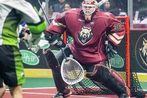 Albany FireWolves goalie Doug Jamieson makes a save during a National Lacrosse League game against the Saskatchewan Rush at the MVP Arena in Albany, NY, on Saturday, Jan. 9, 2022. (Jim Franco/Special to the Times Union)