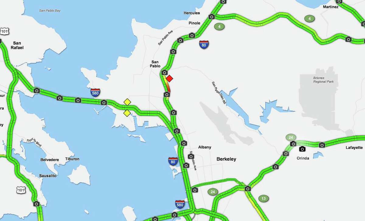 The Bay Area Sig Alert map indicates all lanes blocked on eastbound Interstate 80 at San Pablo Dam Road at about 7:40 a.m. because of a crash.