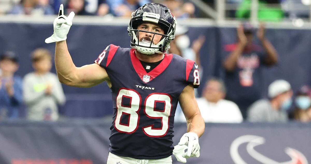 Houston Texans' Danny Amendola (89) celebrates after his two-point conversion during the second half of the final game of his career on Jan. 9, 2022 at Houston's NRG Stadium.