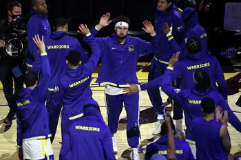 Golden State Warriors' Klay Thompson is introduced before his return against Cleveland Cavaliers during NBA game at Chase Center in San Francisco, Calif., on Sunday, January 9, 2022.