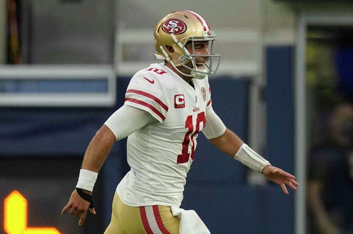 San Francisco 49ers quarterback Jimmy Garoppolo (10) reacts after a play during the second half of an NFL football game against the Los Angeles Rams Sunday, Jan. 9, 2022, in Inglewood, Calif. (AP Photo/Mark J. Terrill)
