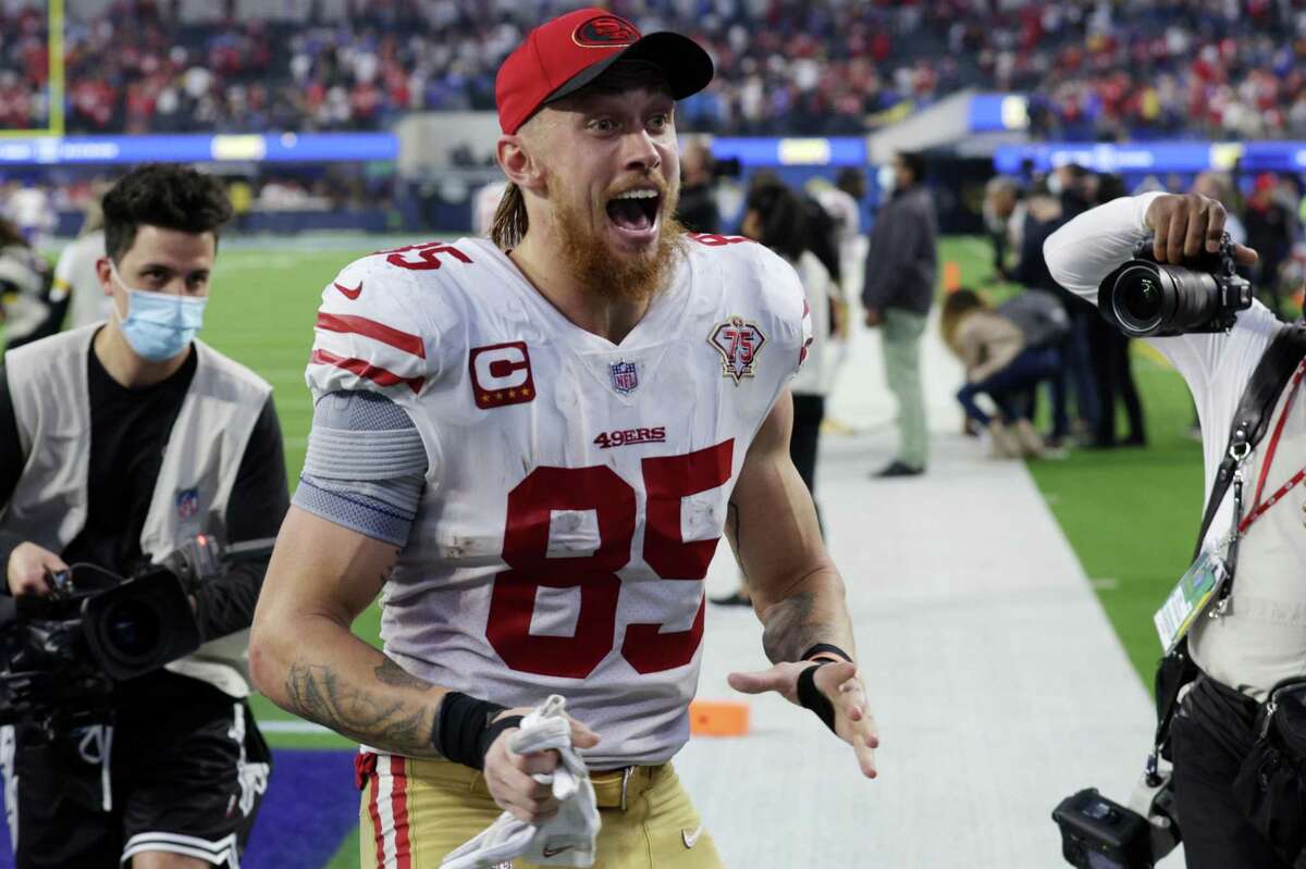 49ers tight end George Kittle leaves the field following San Francisco’s 27-24 overtime defeat of the Rams 27-24 at SoFi Stadium on Sunday.