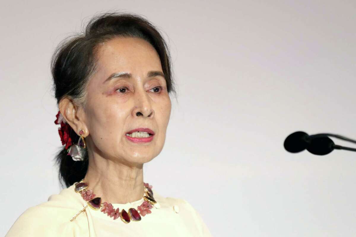 Aung San Suu Kyi speaks during the Singapore Lecture in Singapore, on Aug. 21, 2018.