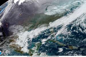 A NOAA satellite image shows cloud cover over Michigan on Jan. 10, 2021.