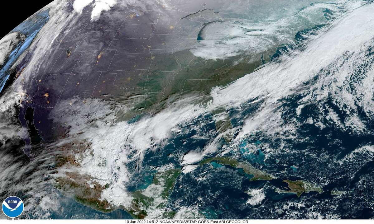 A NOAA satellite image shows cloud cover over Michigan on Jan. 10, 2021.