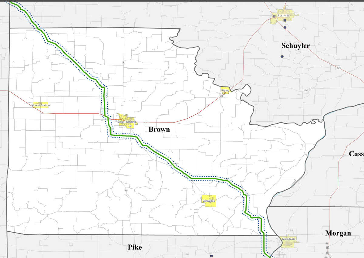A map that details the potential path of a carbon sequestration pipeline through Brown County.