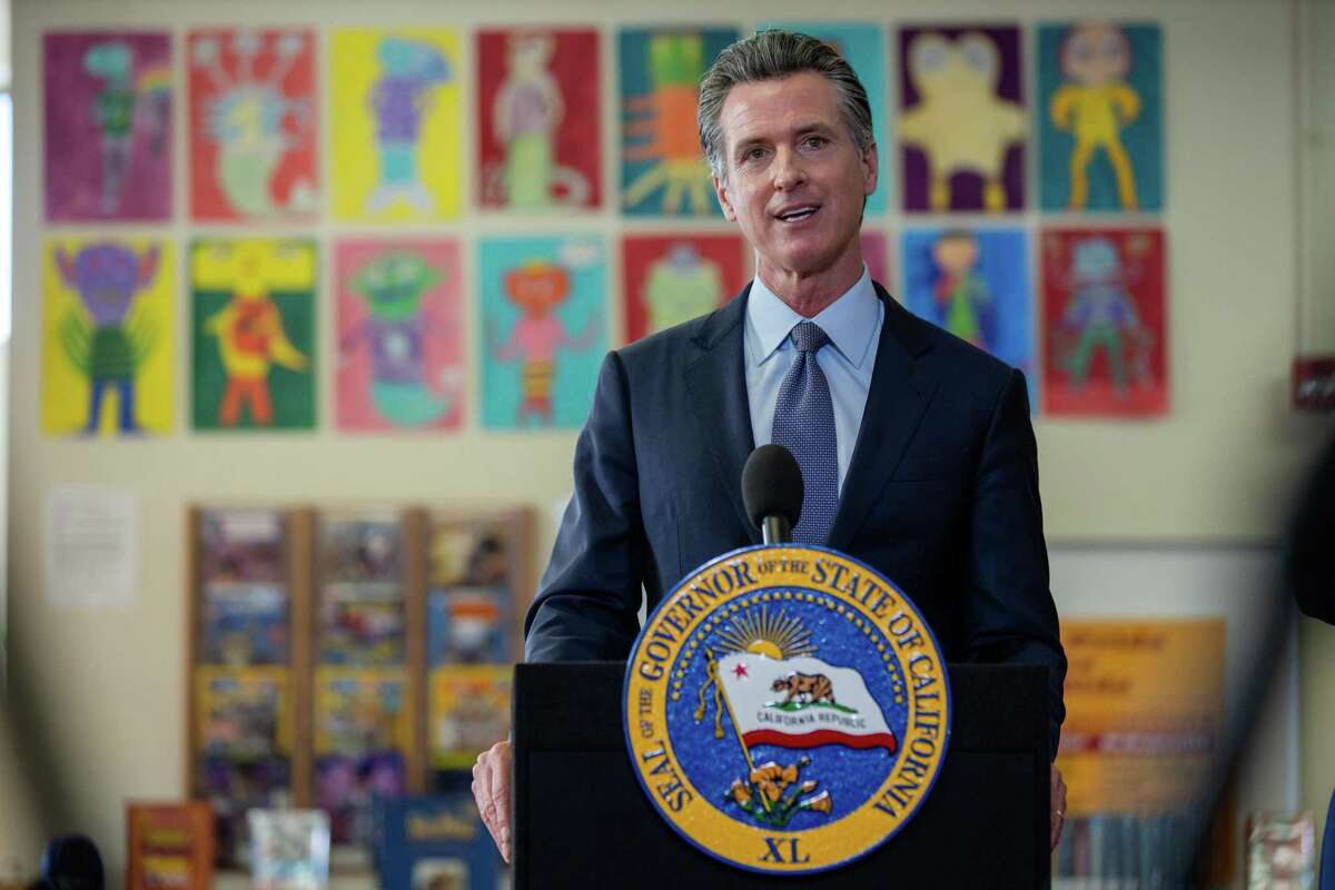 California Governor Gavin Newsom speaks at a press conference on school vaccine mandates at James Denman Middle School on Oct. 1 in San Francisco. Newsom’s proposed state budget would give public schools record funding.