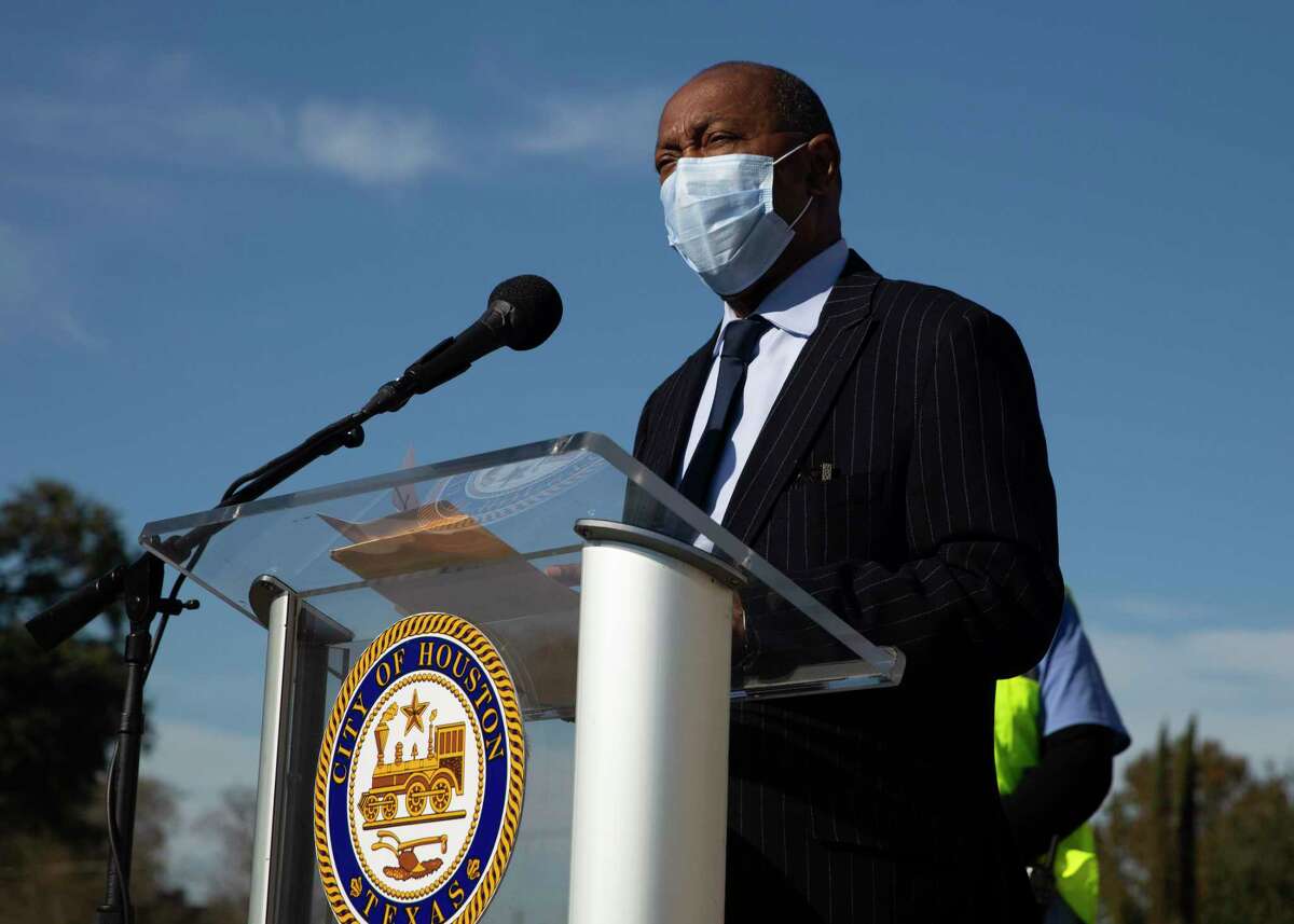 Mayor Sylvester Turner and city health officials ask people to wear masks and get tested regularly during a press conference at a new mega COVID-19 testing site at 6010 Richmond Avenue Thursday, Jan. 6, 2022, in Houston. This site opens seven days a week and provides 1,000 free tests daily.