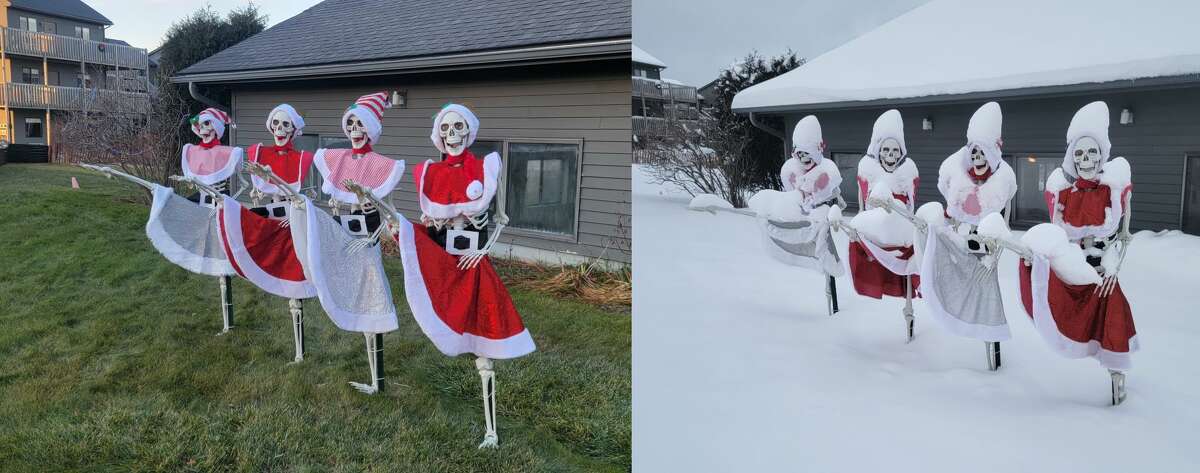 Skeletons dressed in festive clothing do the Can-can behind near the Harbor Lights Resort office on Father Marquette Circle both before, and after the first big snow of 2022. 