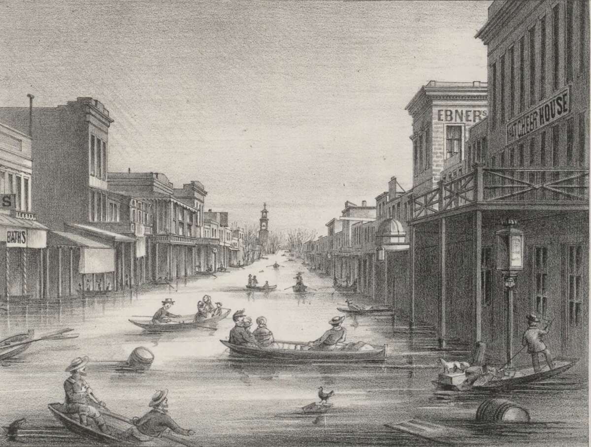 An illustrated view of Sacramento's K Street during catastrophic flooding in January 1862.